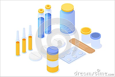 Medicine bottle, tablets, pills and blister package isometric icon. Vector Illustration