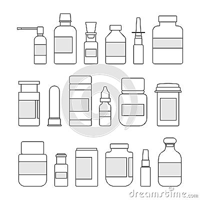Medicine bottles collection. Bottles of drugs, tablets, capsules and sprays illustration Stock Photo