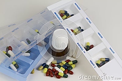 Medicine boxes with pills and medicines Stock Photo