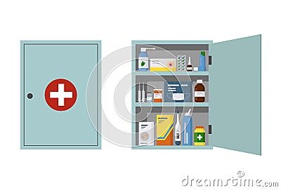 Medicine Cabinet with open and closed door in the bathroom. Different bottles, pills and drugs Vector Illustration