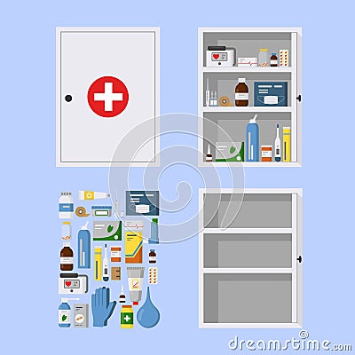 Medicine cabinet for safe medication storage with open and closed door Vector Illustration