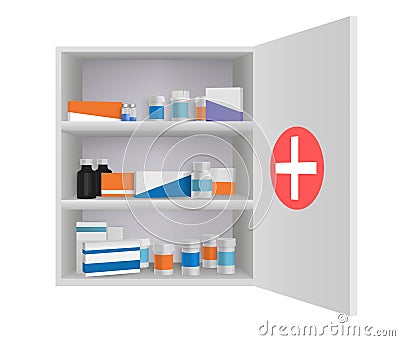 Medicine cabinet with tablets pills and drug bottles. Home pharmacy in bathroom 3d vector illustration. Open box with Vector Illustration