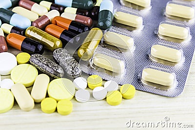 Medicine or capsules. Drug prescription for treatment medication. Pharmaceutical medicament, cure in container for health. Pharmac Stock Photo