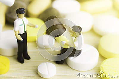 Medicine or capsules. Drug prescription for treatment medication. Pharmaceutical medicament, cure in container for health. Pharmac Stock Photo