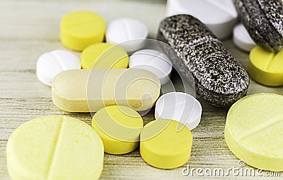 Medicine or capsules. Drug prescription for treatment medication. Pharmaceutical medicament, cure in container for health. Pharmac Stock Photo