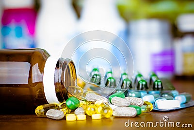 Medicine or capsules. Drug prescription for treatment medication. Pharmaceutical medicament, cure in container for health. Pharmac Stock Photo