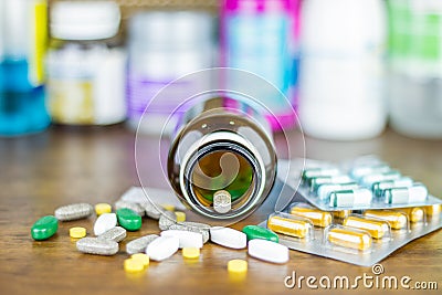 Medicine or capsules. Drug prescription for treatment medication. Pharmaceutical medicament, cure in container for health. Pharmac Stock Photo