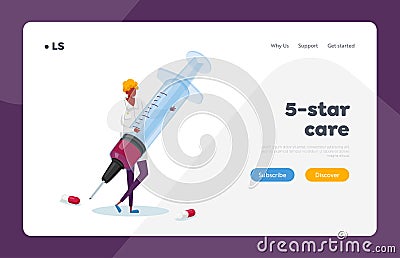 Medicine Care Landing Page Template. Tiny Male Doctor Character Hold Huge Syringe with Medicine for Hepatitis Vector Illustration