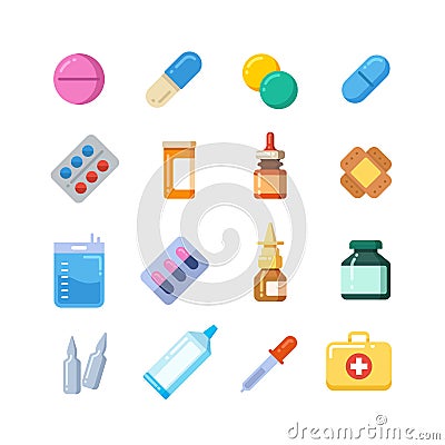 Medicine cartoon pill, drug, table, antibiotics, medication dose flat icons Vector Illustration