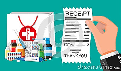 Medicine collection in bag, hand with receipt. Vector Illustration