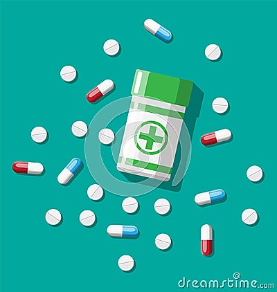 Bottle, tablets, pills, capsules Vector Illustration