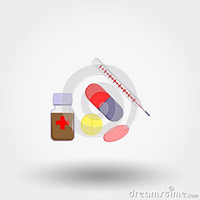 Medicine collection set. Thermometer, tablets, capsules, drug, syrup. Cartoon Illustration