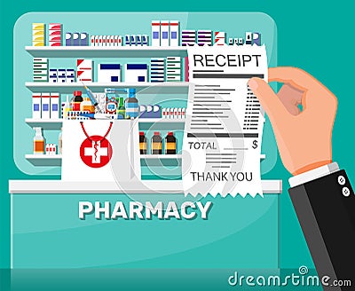 Medicine collection on shelves, hand with receipt. Vector Illustration