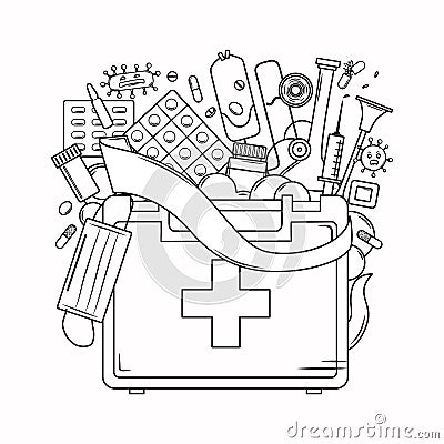Medicine coloring book for adults. First aid kit, mask, bandage, syringe, virus in the outline style. Vector Vector Illustration