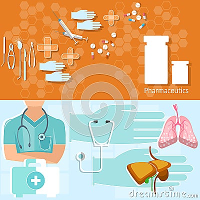 Medicine concept doctor professional first aid kit banners Vector Illustration