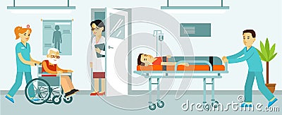 Medicine concept with doctors and patients in hospital hall Vector Illustration