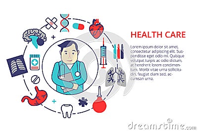 Medicine concept in flat line style. Health care vector illustration with doctor and medical items. For web, info graphic and ban Vector Illustration