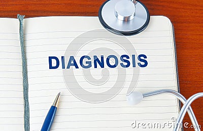 Medicine concept. Notepad with the inscription diagnosis with a stethoscope and pen Stock Photo