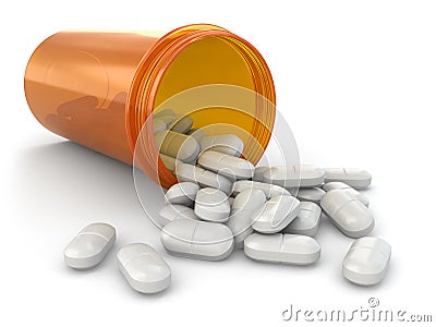 Medicine concept. Spilled pills from prescription bottle. Stock Photo