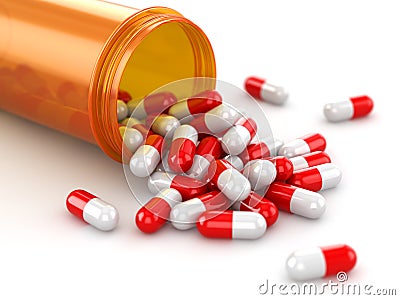 Medicine concept. Spilled pills from prescription bottle. Stock Photo