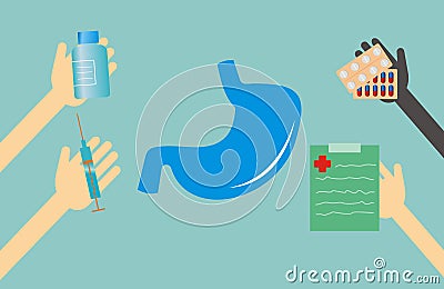 Medicine concept - stomach shape and hands with medical things Vector Illustration