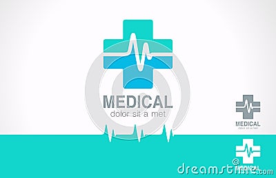 Medicine cross logo. Pharmacy logotype. Cardiogram Vector Illustration