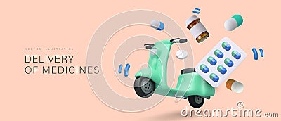 Medicine delivery concept. 3d realistic scooter delivery different medicine to clients Vector Illustration