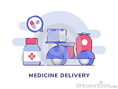 Medicine delivery concept pharmacy drug box delivery on scooter white isolated background with flat color outline style Vector Illustration