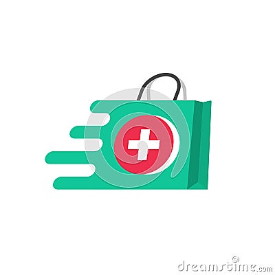 Medicine delivery vector logo concept, idea of fast emergency help service, flat pharmacy or medical bag symbol moving Vector Illustration