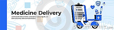Medicine Delivery Web Banner Design. A medicine delivery with a motorcycle. Hospital Delivery service header or footer banner Vector Illustration