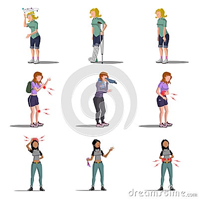 Medicine disease woman flat characters set Vector Illustration