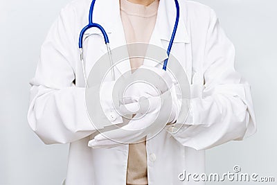 Medicine doctor close up in white coat wear gloves Stock Photo