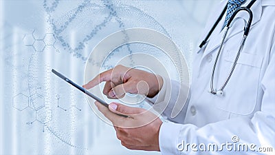 Medicine doctor connection with modern interface with digital hospital background. Medical technology network concept. DNA. Stock Photo