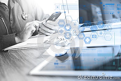 Medicine doctor hand holding modern digital smart phone and laptop computer as medical network concept Stock Photo