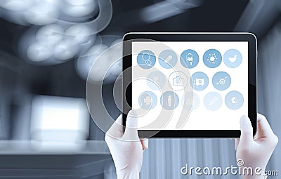 Medicine doctor hand shows tablet computer Stock Photo