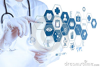 Medicine doctor hand working with modern computer interface Stock Photo