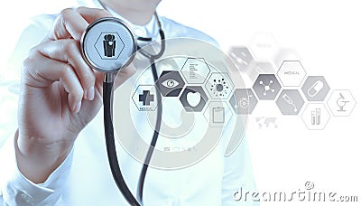Medicine doctor hand working with modern computer interface Stock Photo