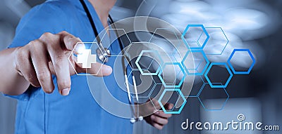 Medicine doctor hand working with modern computer interface Stock Photo