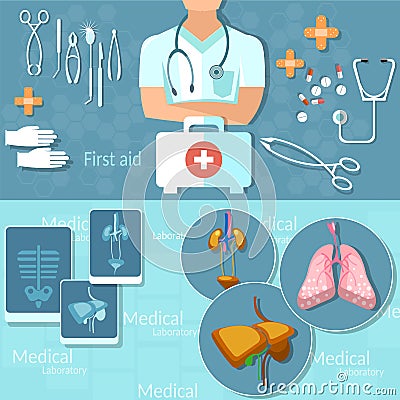 Medicine doctor man medical hospital instruments first aid kit Vector Illustration