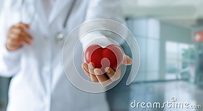 Medicine doctor holding red heart shape in hand, medical technol Stock Photo