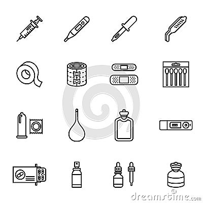 Medicine and drugs icon set. Line style stock vector. Vector Illustration