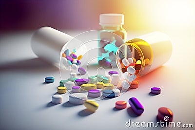 Medicine and drugs. Pill bottle and scattered pills. Medicine and health concept for painless wellness. Generated by ai Stock Photo