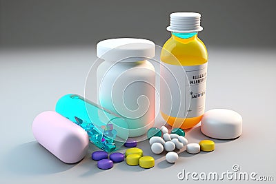 Medicine and drugs. Pill bottle and scattered pills. Medicine and health concept for painless wellness. Generated by ai Stock Photo