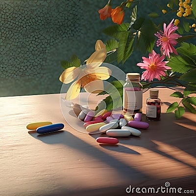 Medicine , farmacy . Different pills on the table and pills in tbottles. Flowers Stock Photo