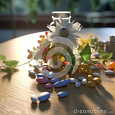 Medicine , farmacy . Different pills on the table and pills in tbottles Flowers Stock Photo