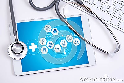 Medicine health care professional doctor hand working with mode Stock Photo