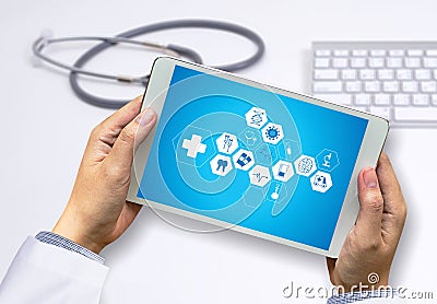 Medicine health care professional doctor hand working with mode Stock Photo