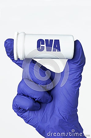The doctor has a box of pills in his hands, the box says - CVA Stock Photo