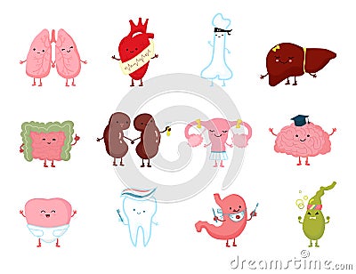 Medicine health human organs with smile in character hand drawn anatomy healthy vector illustration isolated on white. Vector Illustration