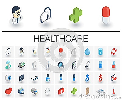 Medicine and healthcare isometric icons. 3d vector Vector Illustration